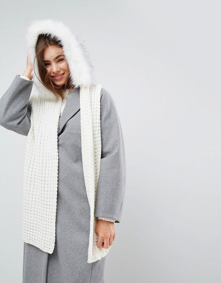Urbancode Oversized Knitted Scarf With Faux Fur Trim Hood - Cream