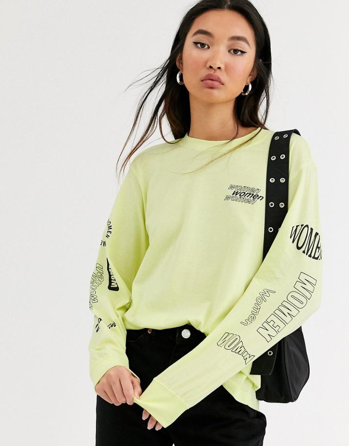 Monki Oversized Long Sleeve Slogan T-shirt In Lime-yellow