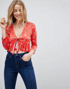 Asos Top With Knot Front Ruffle In Ditsy Floral Print - Red