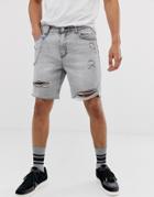 Bershka Slim Denim Shorts With Abrasions In Gray - Gray