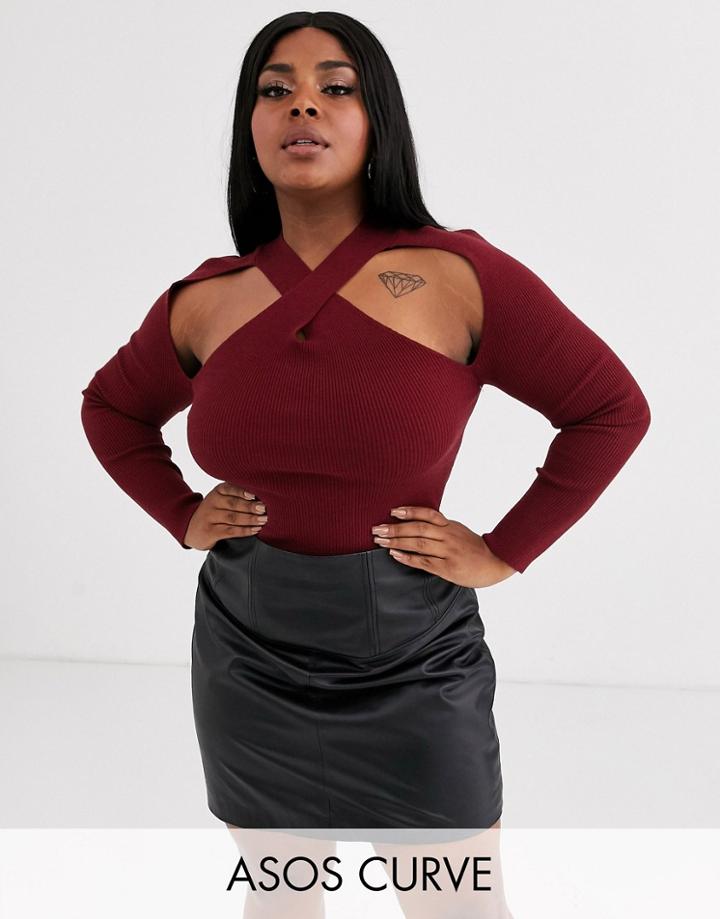 Asos Design Curve Cut Out Cross Over Front Ribbed Sweater-red