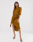 Asos White High Neck Ruched Asymmetric Dress - Brown