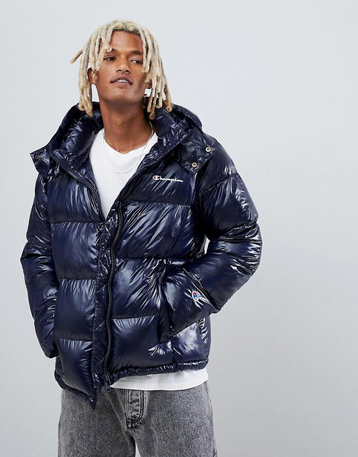 Champion Hooded Puffer Jacket With Small Script Logo In Navy - Navy