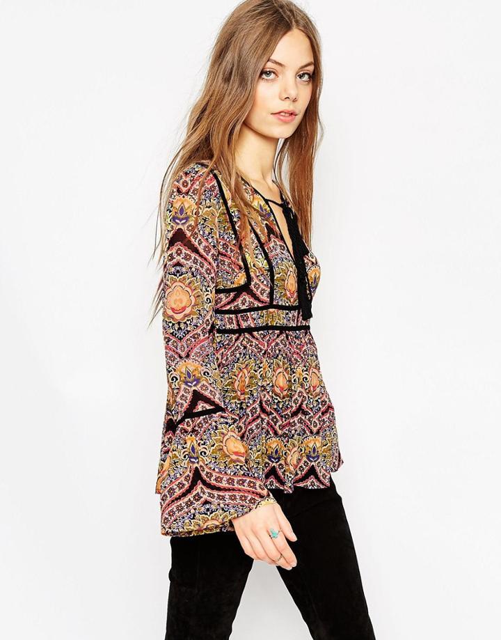 Asos Contrast Detail Blouse In Vintage Print - Multi