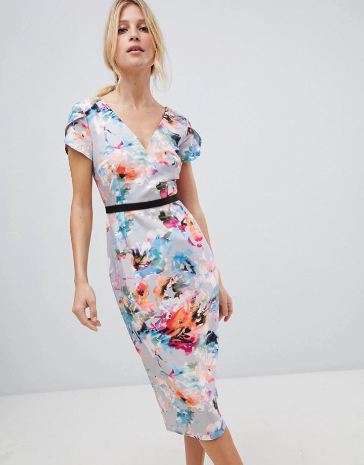 Little Mistress Midi Pencil Dress In Full Bloom Print-multi