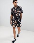 Asos Design Two-piece Slim Shorts With Elasticated Waistband In Dark Floral Print - Black