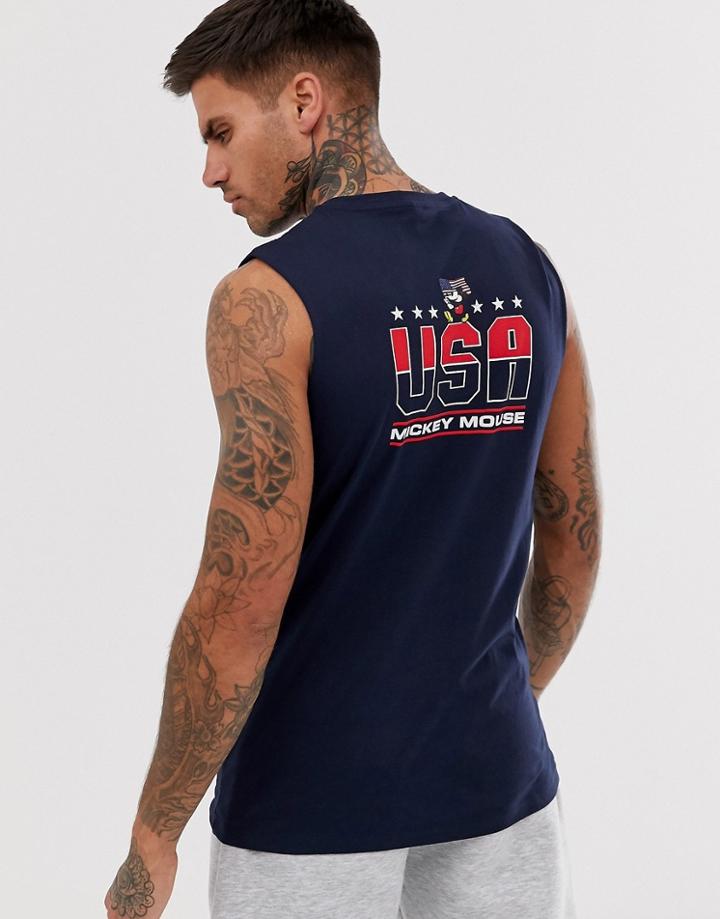 Asos Design Mickey Sleeveless T-shirt With Chest And Back Print - Navy