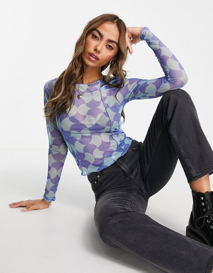 Pieces Exposed Seam Mesh Top In Blue & Green Print-multi