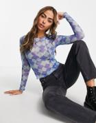 Pieces Exposed Seam Mesh Top In Blue & Green Print-multi