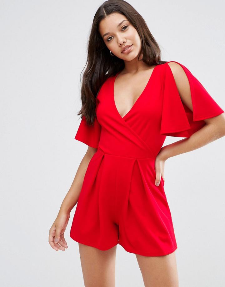 Asos Wrap Romper With Split Flutter Sleeves - Red