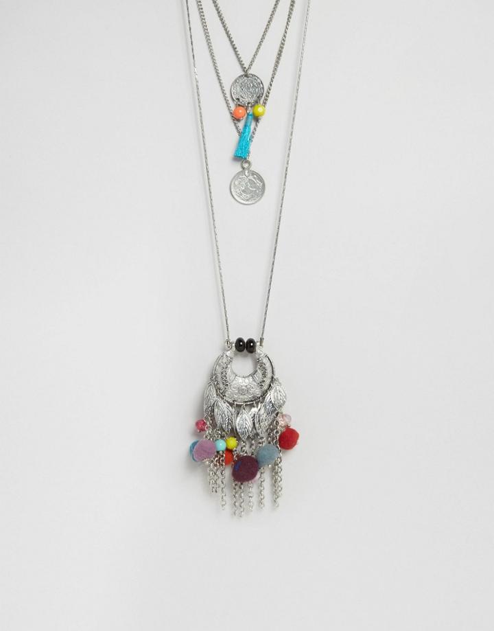 Asos Multirow Pom Pom Necklace - Multi