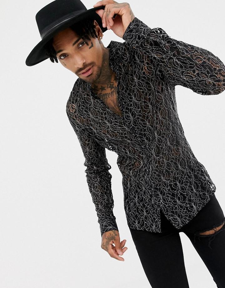 Asos Design Regular Fit Floral Lace Shirt In Black & Silver - Black
