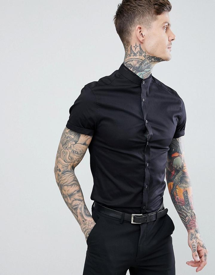 Asos Design Skinny Fit Shirt With Lace Trim And Grandad Collar - Black
