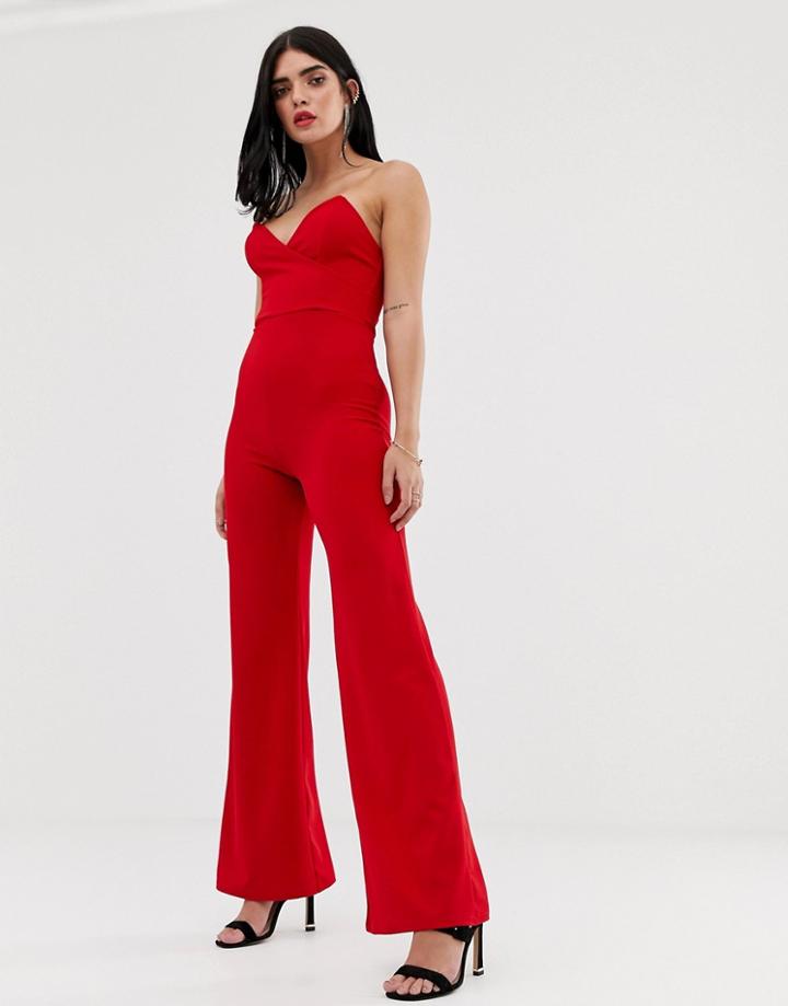 Club L Bandeau Jumpsuit With Boning In Red - Red