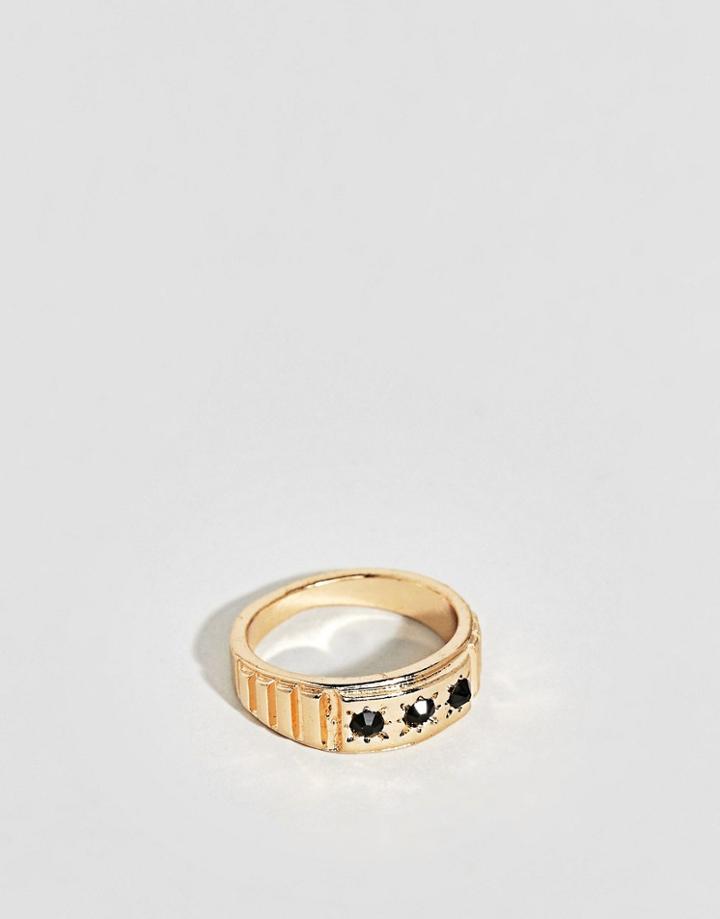 Asos Design Vintage Style Signet Ring In Gold With Black Stones - Gold