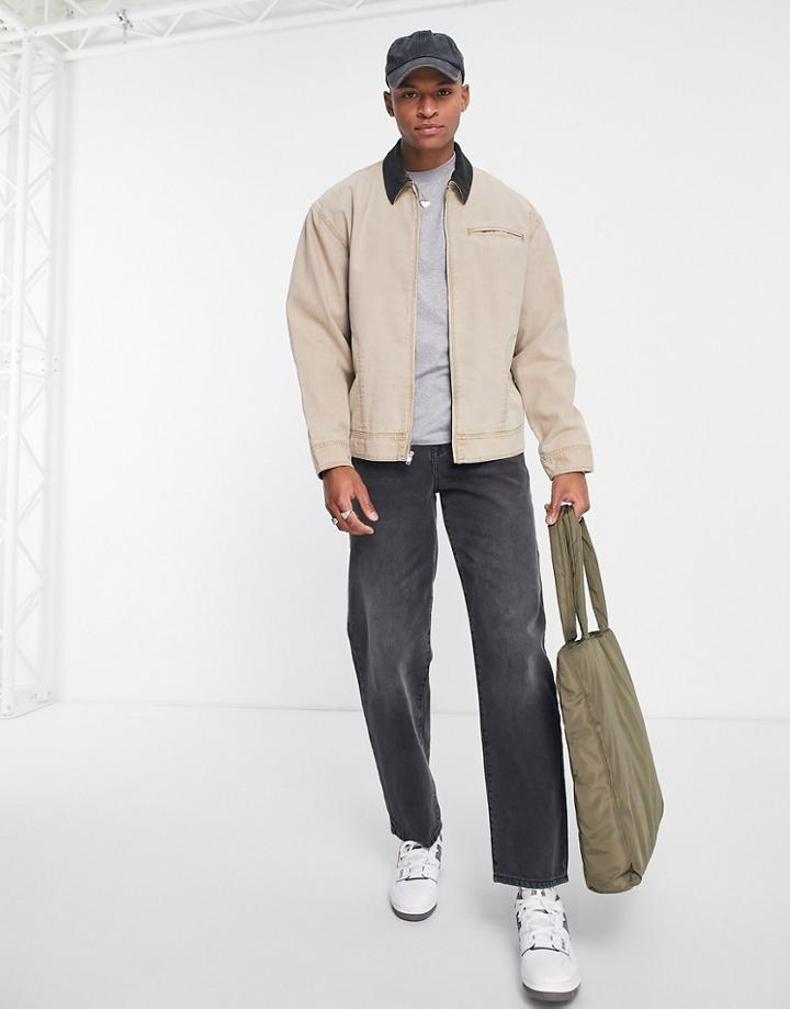 Asos Design Oversized Harrington Jacket In Washed Stone-neutral