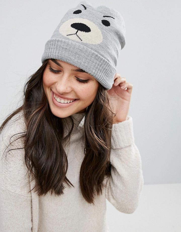 Plush Fleece Lined Bear Beanie Hat - Gray