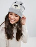 Plush Fleece Lined Bear Beanie Hat - Gray
