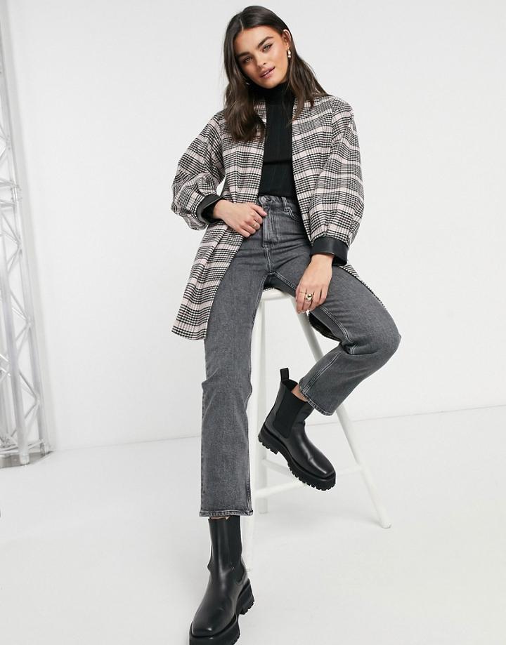 Helene Berman Volume Sleeve Short Wool Blend Coat In Check-pink