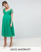 Asos Maternity Tulle Midi Dress With Sheer Sleeve - Green