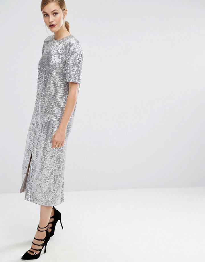 Asos Iridescent Embellished T Shirt Midi Dress - Silver