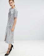Asos Iridescent Embellished T Shirt Midi Dress - Silver
