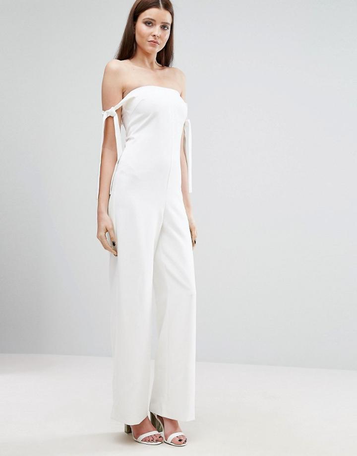 Lavish Alice Bardot Jumpsuit With Tie Sleeve Detail - White