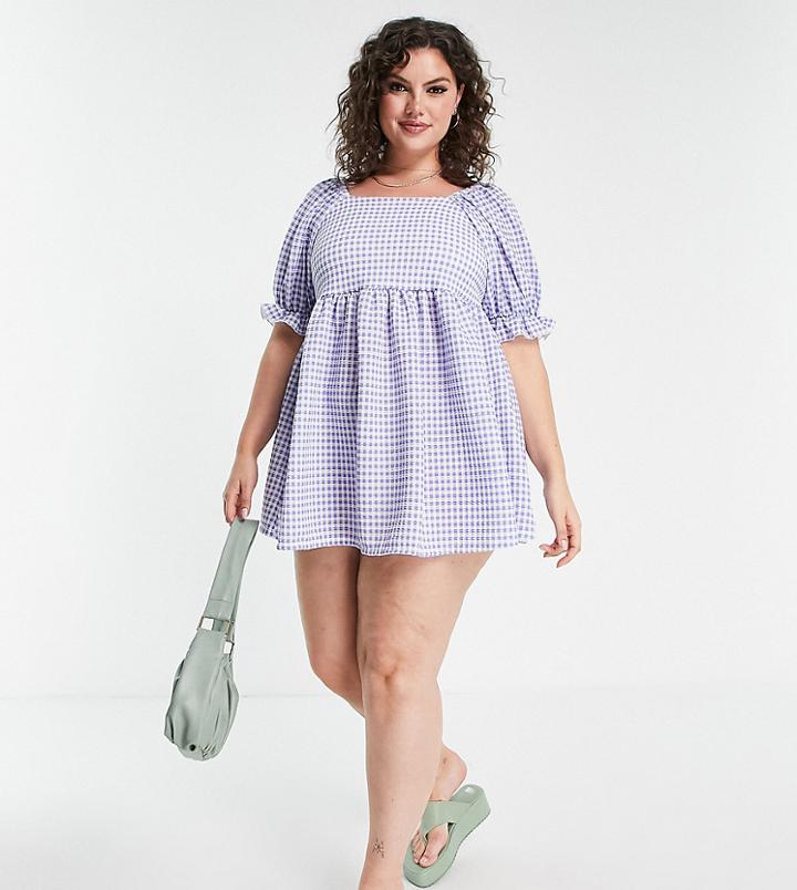 Yours Square Neck Puff Sleeve Peplum Top In Blue Gingham