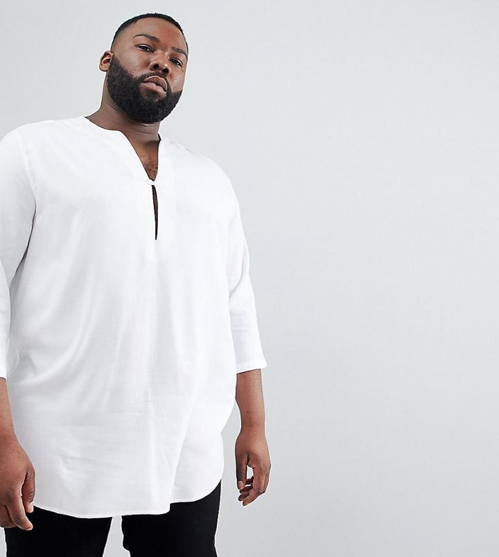Asos Design Plus Regular Fit Longline Viscose Shirt In White With V Neck - White