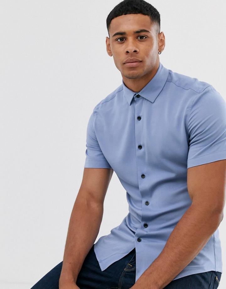 Asos Design Muscle Viscose Shirt In Blue