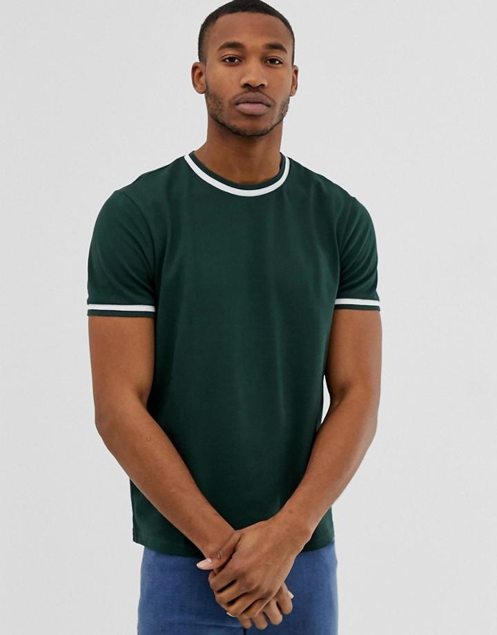 Bershka T-shirt In Green With Striped Taping - Green