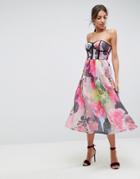 Asos Bonded Mesh Bandeau Floral Midi Prom Dress - Multi