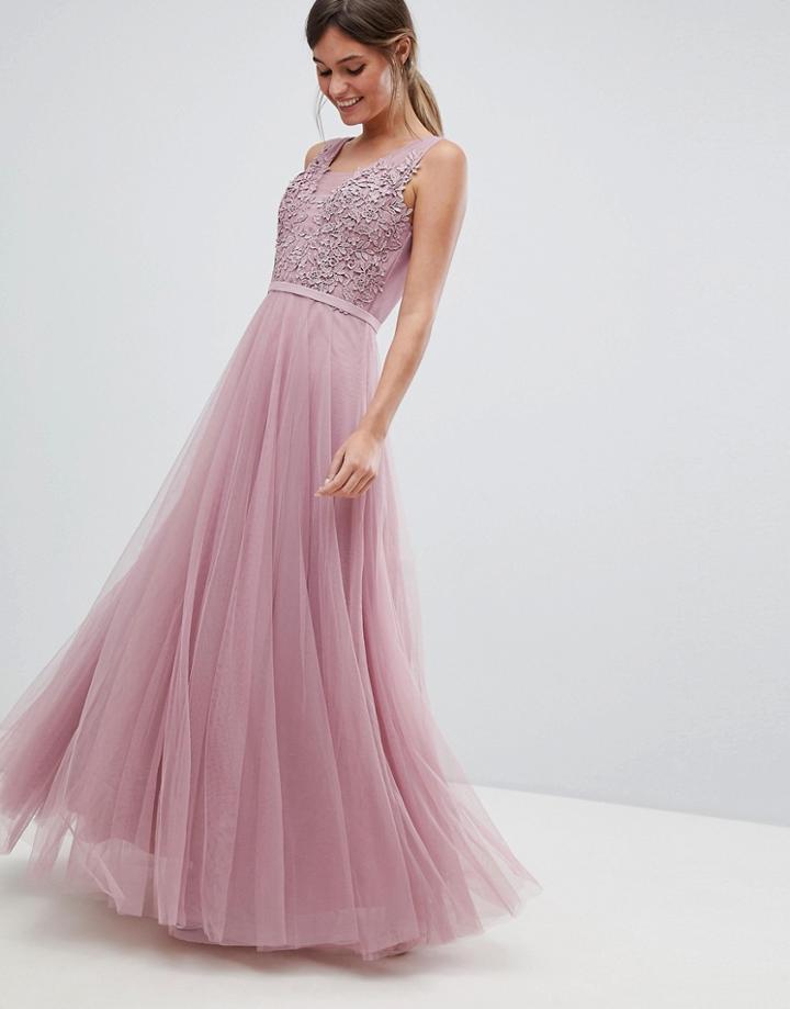 Little Mistress Lace Detail Tulle Maxi Dress - Pink