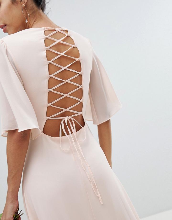 Tfnc Lace Up Back Maxi Bridesmaid Dress With Flutter Sleeve - Pink