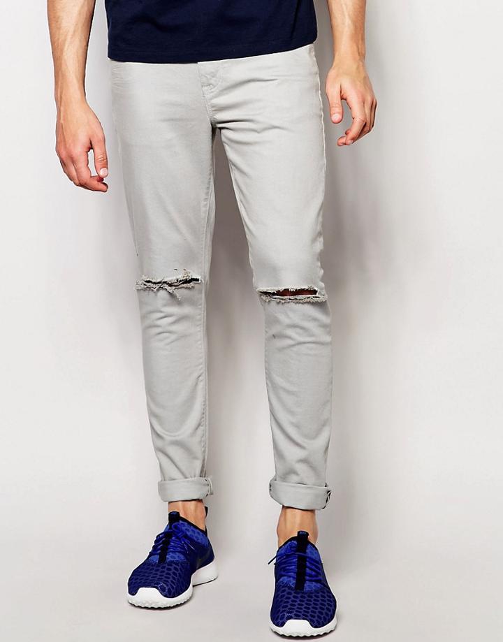 Asos Super Skinny Jeans With Knee Rips In Light Blue - Light Blue