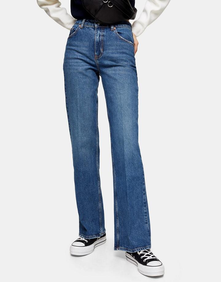 Topshop Relaxed Flare Jeans In Mid Wash Blue-blues
