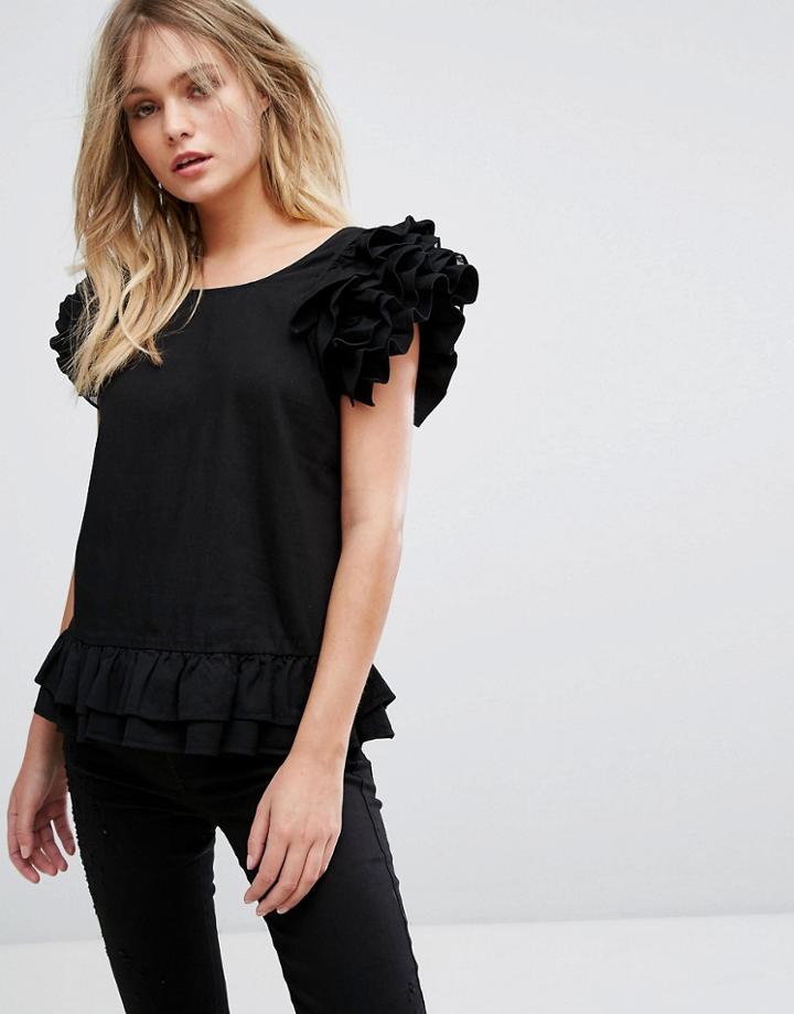 Diesel Top With Ruffle Hem And Sleeve - Black