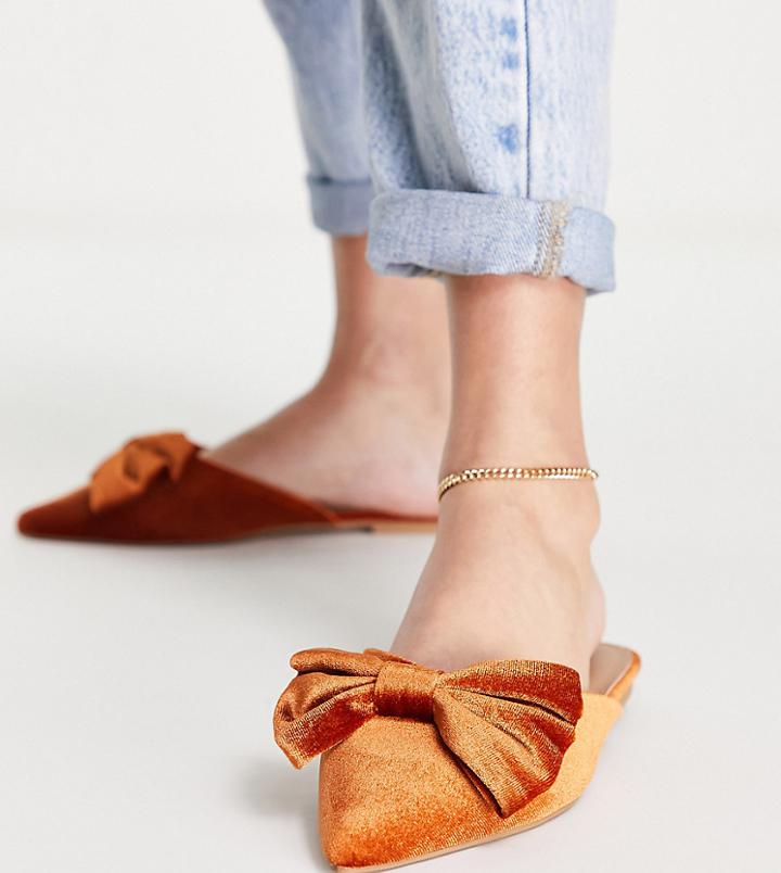 Asos Design Wide Fit Lass Oversized Bow Pointed Flat Mules In Rust Velvet-orange