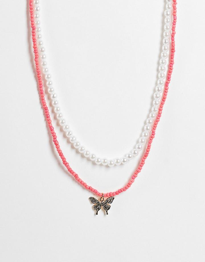 Designb Pack Of 2 Pearl And Beaded Necklaces With Butterfly Charm-multi