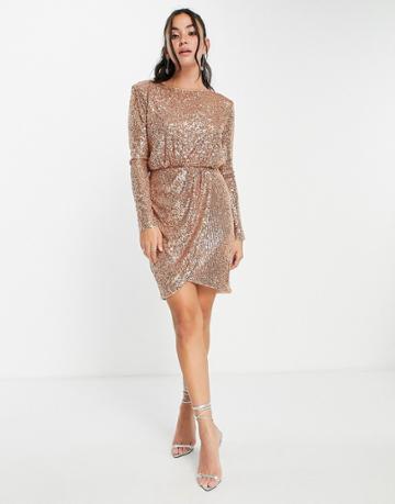 Forever New Wrap Front Sequin Mini Dress In Soft Gold-brown