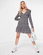 Asos Design Button Through Long Sleeve Tea Dress With Frill Hem In Blue And Pink Floral-blues