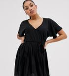 Asos Design Petite V Neck Mini Dress With Pleated Skirt And Self Belt - Black