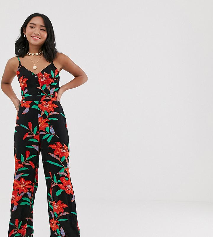 Parisian Petite Cami Strap Jumpsuit In Floral Print - Black