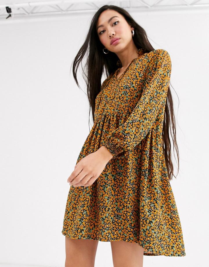 Monki Ditsy Floral Print Mini Smock Dress In Mustard-yellow