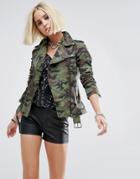 Tripp Nyc Moto Jacket In Camo Print - Green