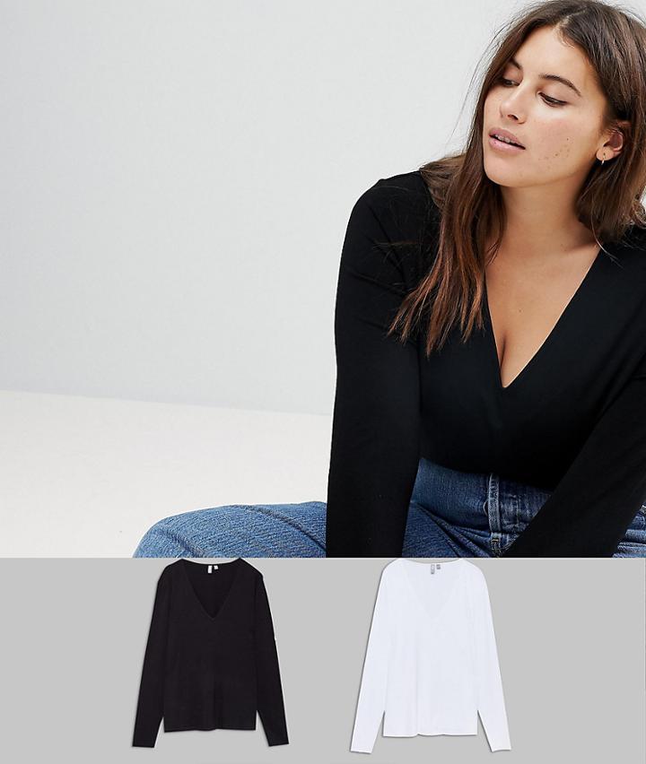 Asos Curve Ultimate Top With Long Sleeve And V-neck 2 Pack - Multi