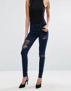Asos Lisbon Skinny Mid Rise Jeans In Overdyed Blue With Busted Knees - Blue