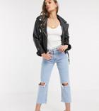 Asos Design Petite Recycled Florence Authentic Straight Leg Jeans In Bright Lightwash Blue With Rips And Raw Hem-blues
