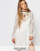 Reclaimed Vintage Lace Tea Dress With Flower Embroidery - Cream