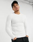 Asos Design Muscle Fit Waffle Knit Sweater In White